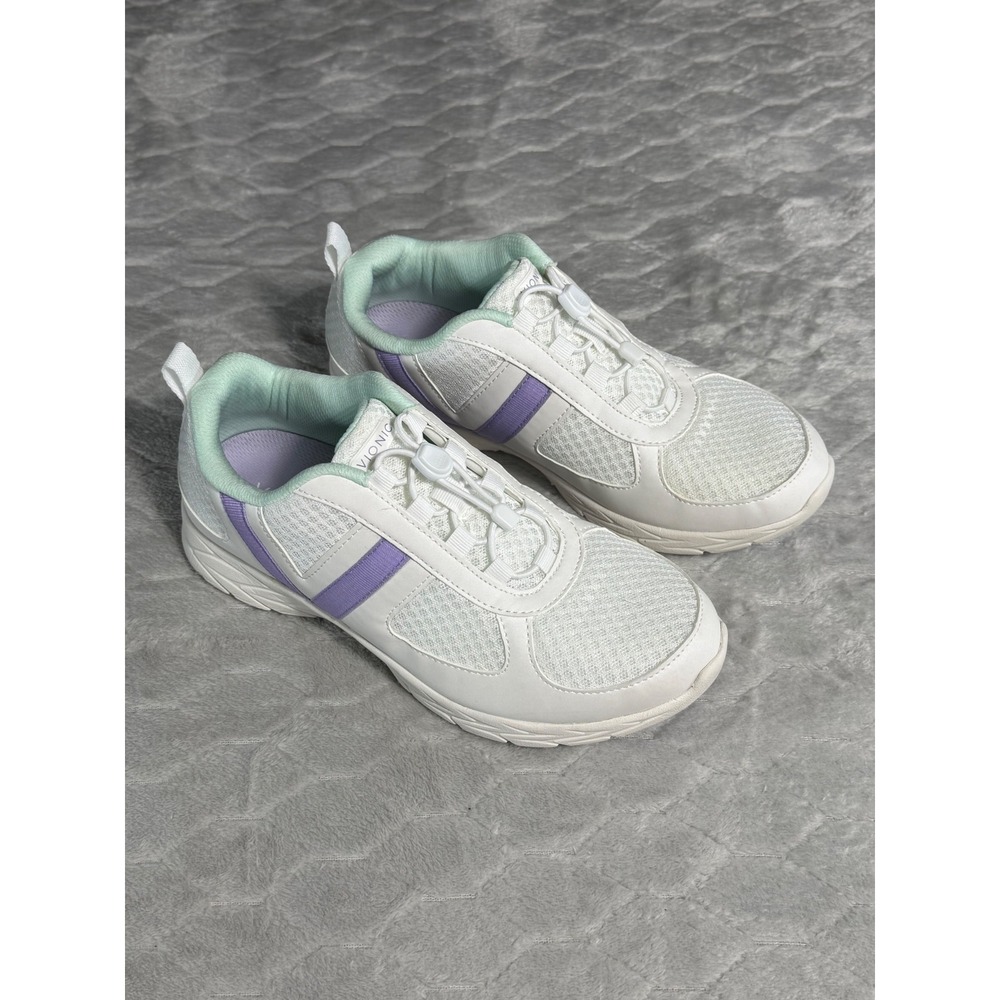 Vionic Womens White Mesh Active Walking Sneakers Purple Mint Accents Toggle Lace